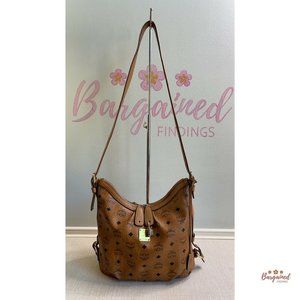 Authentic MCM Cognac Visetos Leather Coated Canvas Shoulder Bag W/ Lock & Keys